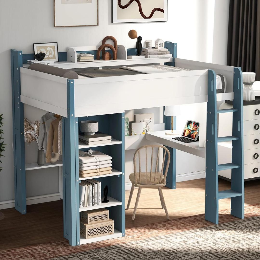 Full Size Loft Bed with Desk and Wardrobe, White Wood for Teens & Adults, Built-in Bookshelf, Hanging Rod & Safety Rail, Study Bed Frame for Small Space, Bedroom, Dorm
