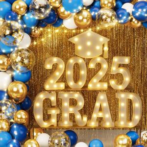 2025 Graduation Decorations, 79 PCS Graduation Party Supplies with 9 LED Marquee Light Up Letter Sign GRAD 2025 & Cap, Balloon Garland Kit for Outdoor Indoor Room Wall Table Grad Decor - Blue Gold