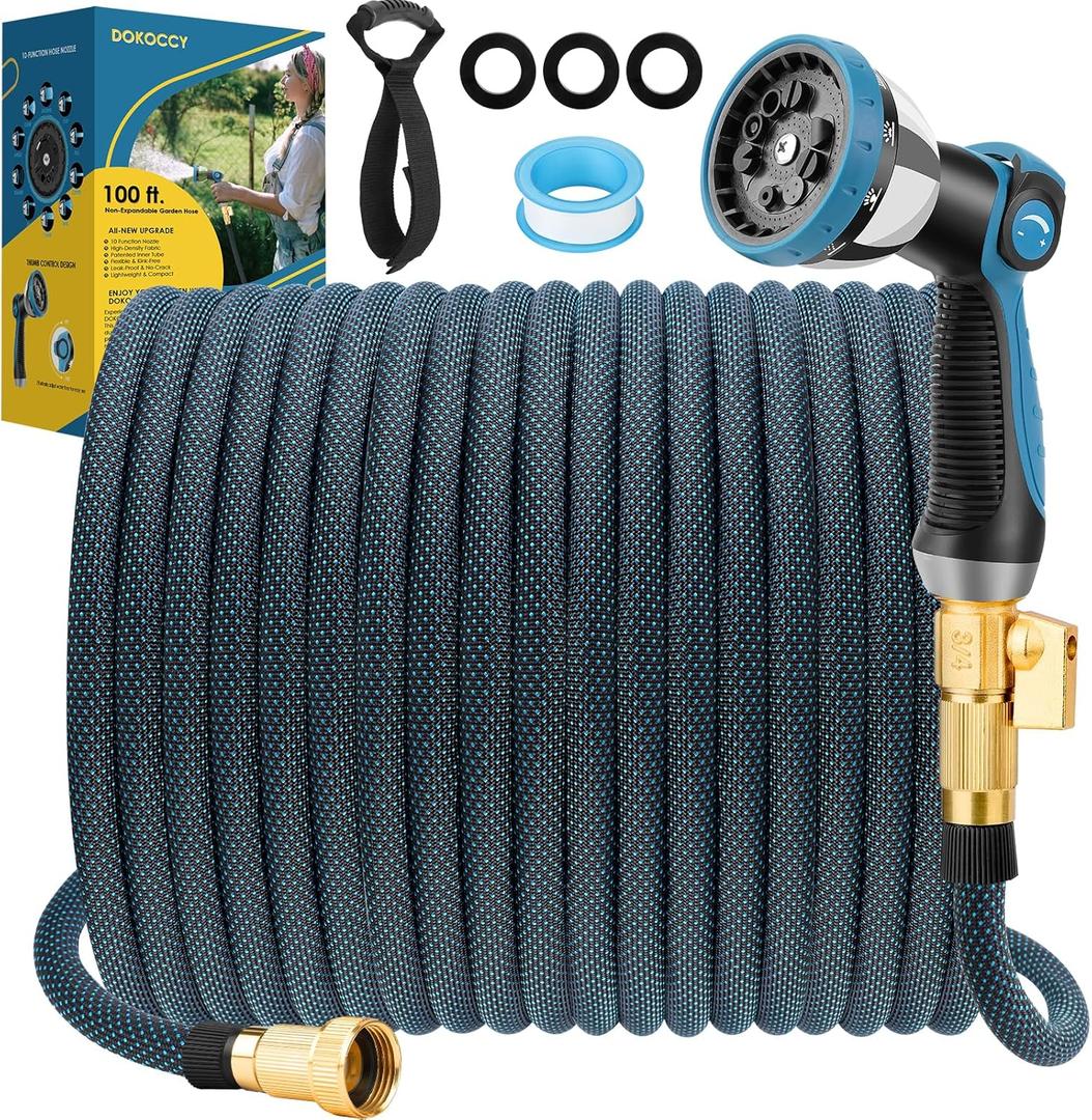 Non-Expanding Garden Hose 100 ft, Flexible Water Hose with 10 Watering Spray Nozzle, Lightweight Hose Pipe, Leak-Proof, Durable, 3/4" Brass Alloy Connector, Portable Storage Strap, Dot Blue