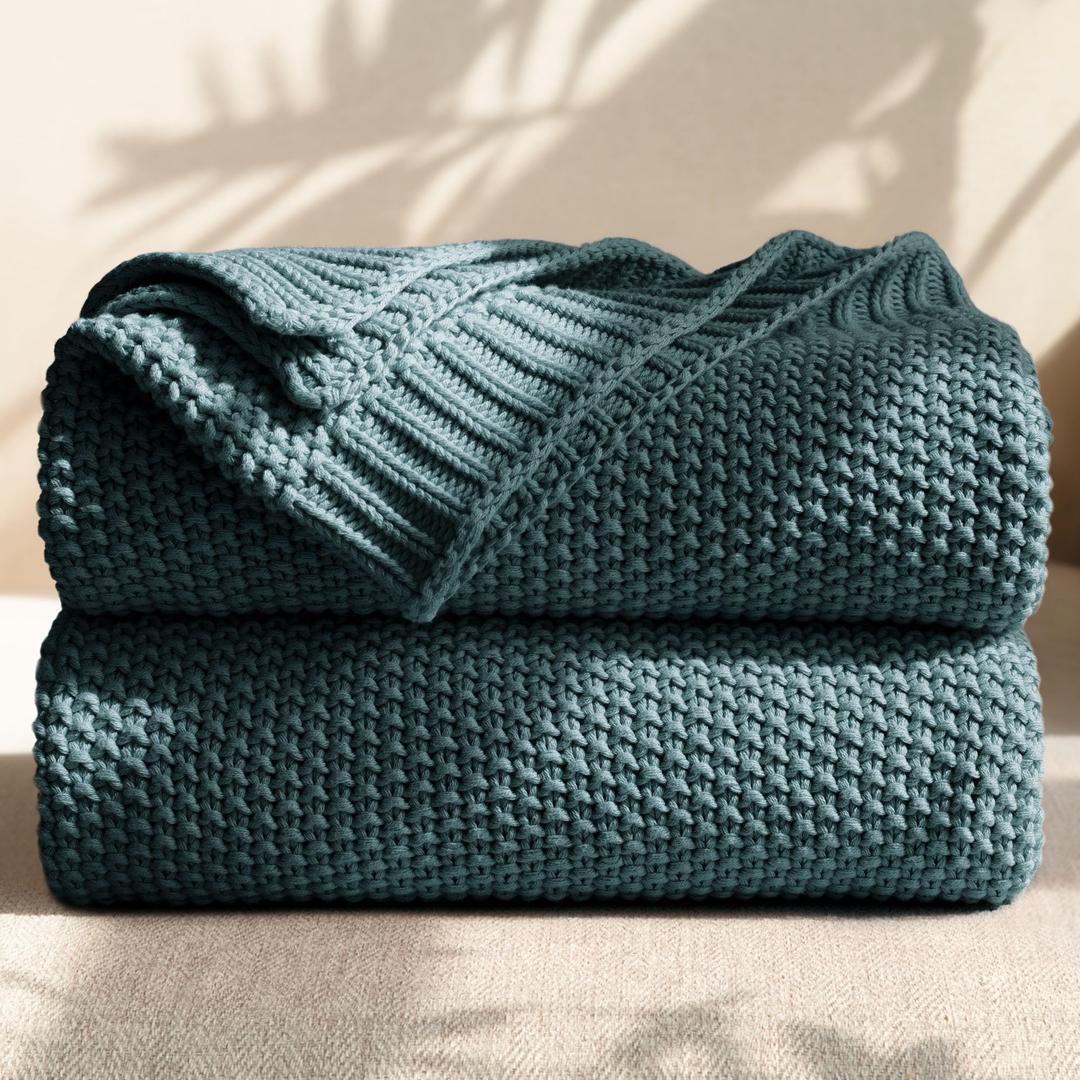 Blunique 100% Cotton Cable Knit Throw Blanket, Lightweight Soft Knit Blanket for Sofa Couch Bed, Breathable All-Season Throw, Cozy Decorative Blanket, 50 x 60 Inch,Teal