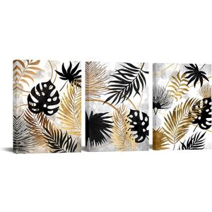 sechars 3 Piece Leaves Canvas Wall Art Black Grey and Gold Bathroom Decor Botanical Leaves Painting Art Prints Framed Ready to Hang