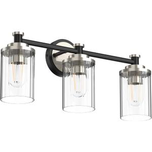 Bathroom Lighting Fixtures Black and Brushed Nickel Bathroom Vanity Light with Cylindrical Clear Stripes Glass Lampshade E26 Socket Base Bathroom Lighting Fixtures Over Mirror (3 Lights)
