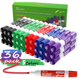 SUIN Dry Erase Markers, Chisel Tip Whiteboard Markers, Low Odor White Board Markers, Chisel Tip Marker, Whiteboard Marker, Assorted 5 Colors, 36 Count