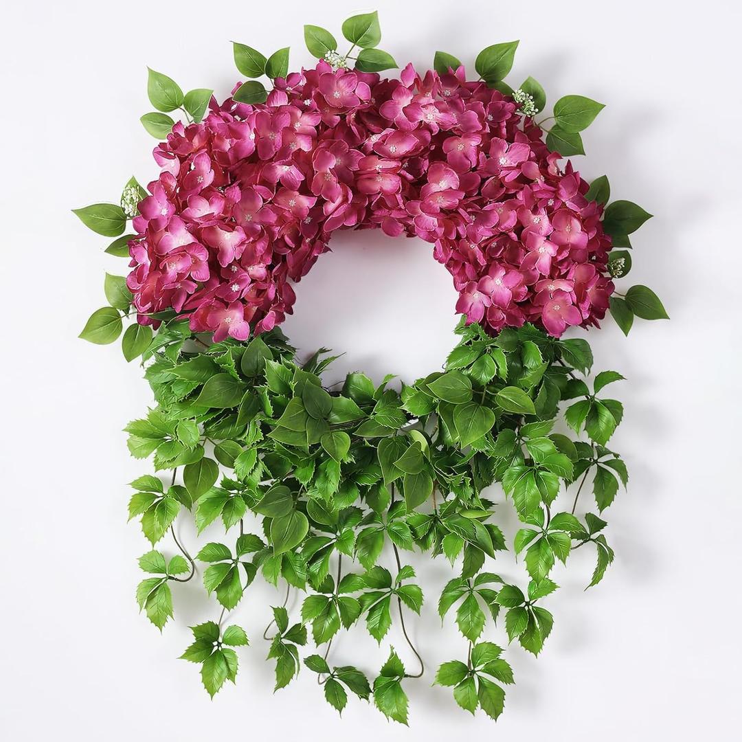 Artificial Hydrangea Wreath for Front Door Outside - Fake Hydrangea Real Touch Ivy, Spring Summer Greenery Flowers Wreath, for Home Mantel Window Farmhouse Decor (23", Rose Red)