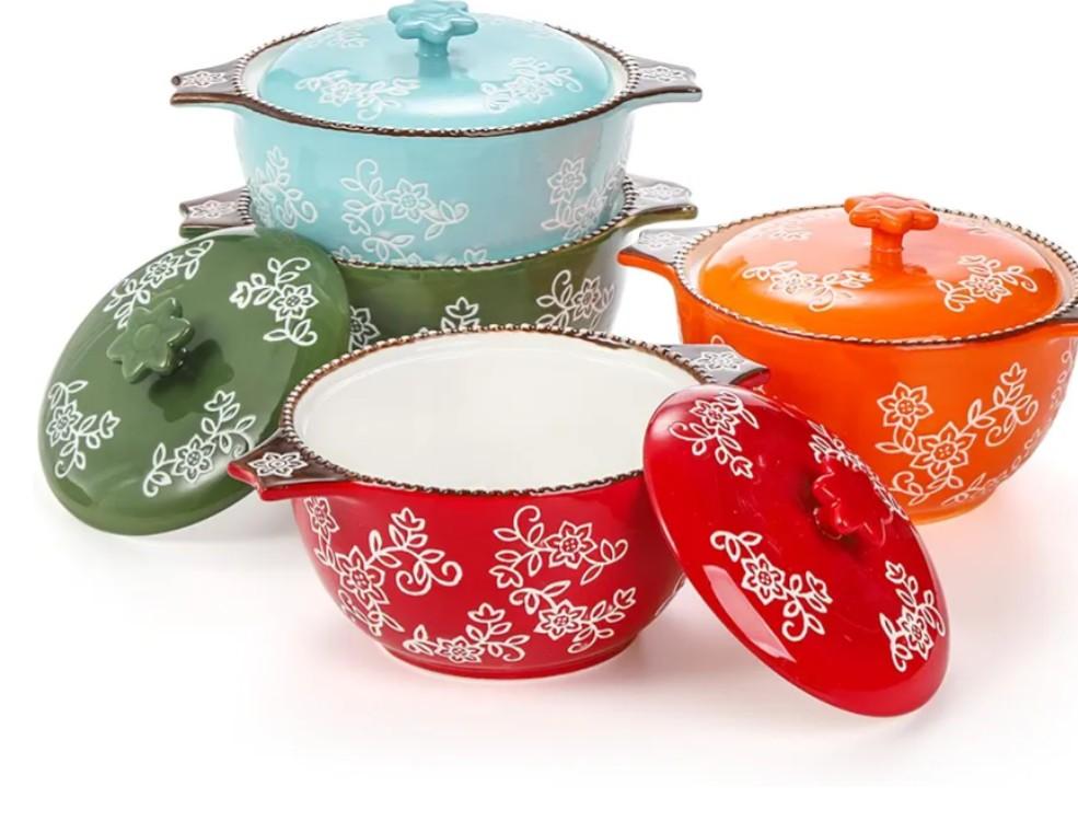 AVLA 4 Pack Ceramic Soup Bowls with Lid and Double Handles, 22 OZ French Onion Soup Crock, Small Casserole Dish for Oven, Mini Cocotte Set Baking Ramekins for Stews, Cereal, Oatmeal or Pasta