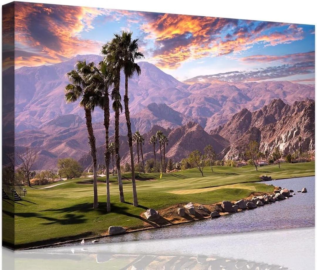 Golf Course at Sunset in Palm Wall Art Prints USA California Picture Canvas Wall Decor for Home Living Room Bedroom Bathroom Framed Artwork Ready to Hang(28''H x 44''W)