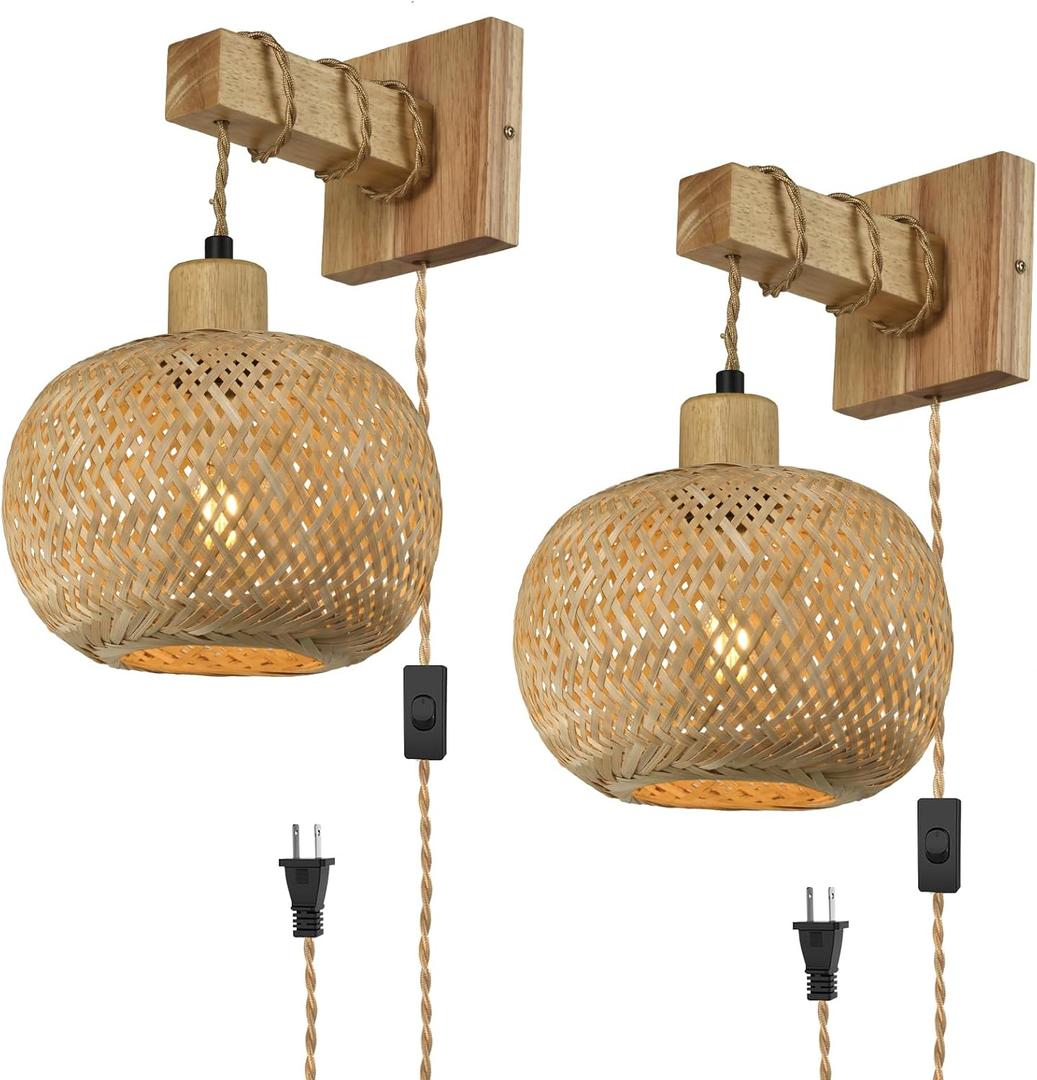 Bamboo Plug in Wall Sconces Set of Two, Hand Woven Boho Wall Lamp Plug in Cord Wall Sconces for Bedroom Living Room Farmhouse