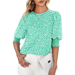 Teurkia Women's Polka Dot 3/4 Sleeve Blouse Tops Ladies Casual Office Work Crew Neck T-Shirt (Green, L)