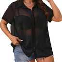 MakeMeChic Women's Plus Size Short Sleeve See Through Sheer Mesh Button Down Blouse Shirt Tops (XX-Large Plus, Black)