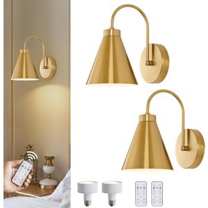 Powfloven Vintage Cordless Gooseneck Battery Operated Wall Sconces Set of 2, Gold Bedside Battery Powered Wall Decor Lamps with Remote Control, Wireless Indoor LED Lights Fixture for Bedroom Hallway