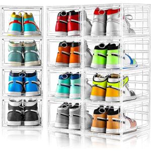 Amllas 12 Pack Clear Shoe Boxes Stackable,Shoe Storage Boxes for Closet,Sturdy Shoe Box Storage Containers with Clear Door,Sneaker Storage,Easy to Assemble,Fit up to US Size 12(13.8x 9.84x 7.1)