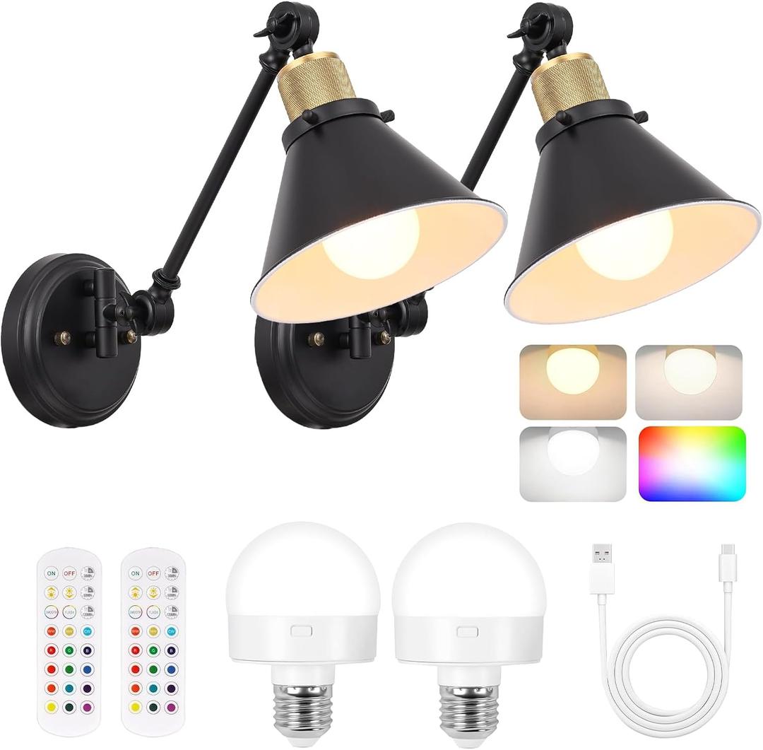 TRLIFE Rechargeable Battery Operated Wall Sconce, Dimmable and Adjustable Color Temperature Wireless Wall Sconces Set of 2 with Remote Control, Swing Arm Wall Mounted Light for Bedroom Bedside Hallway (Black)