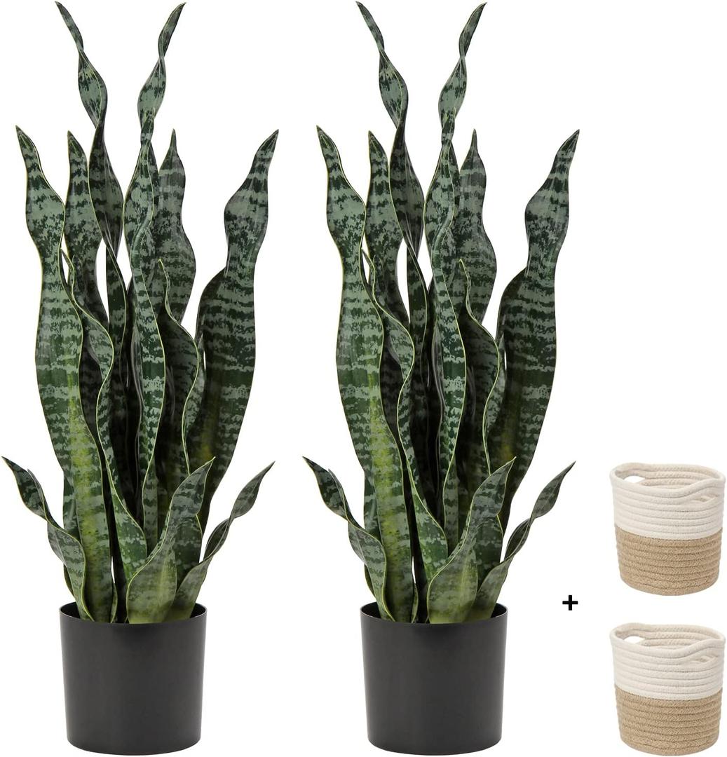DILATATA 2 Set Large Fake Snake Plant Black Coral 25 Inch Sansevieria Plant Artificial Snake Plants in Pots with Woven Basket Faux Mother in Law Tongue Plant - Indoor Outdoor Decor