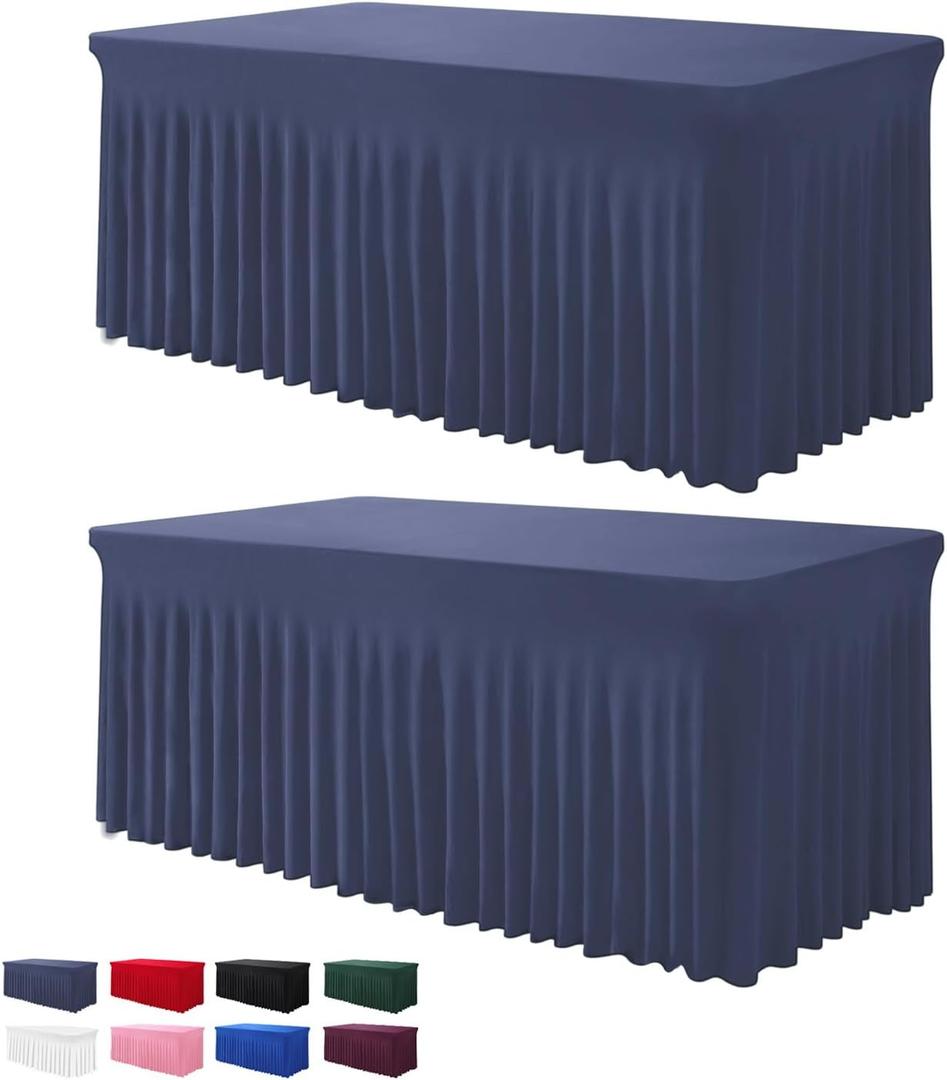 BDDC Table Skirts for Rectangle Tables 6ft - 2 Pack One-Piece Navy Blue Tablecloths and Skirt, Wrinkle Resistant Ruffles Elastic Cover for Banquets, Weddings, Events, Parties