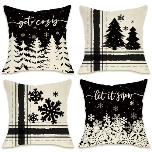 Fahrendom Winter Snowflake Decorative Throw Pillow Covers 20x20 Set of 4, Let It Snow Christmas Pine Tree Black Outdoor Pillowcase, Get Cozy Seasonal Holiday Farmhouse Cushion Case Home Decor
