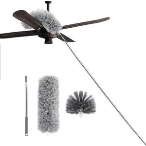 Cobweb Duster with Extension Pole, Ceiling Cobweb Cleaner Kit with 2 Duster Heads, 15-100 Inch Telescopic Microfiber Cleaning Duster, Corner Dusting Tool for High Walls, Fans, Blinds Gray (White)