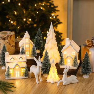 12 Pcs Ceramic Christmas Village Set, 3 White Village Houses with Lights 2 LED Ceramic Christmas Tree 2 Porcelain Reindeer Figurines 5 Sisal Tree for Xmas Winter Holiday Fireplace Tabletop Decor