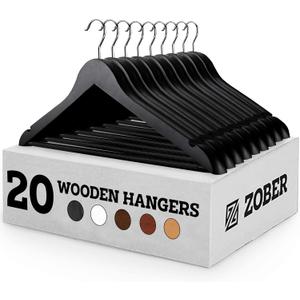 ZOBER Wooden Hangers - 20 Pack, Heavy Duty, Non Slip Wood Hangers for Coats, Jackets, Suits, & Pants - Clothes Hangers for Closet W/ Bar and Notches (Black)