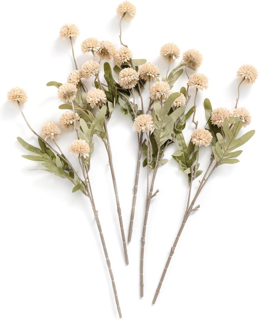 Ling's Moment Pompon Mum Artificial Flower, 5pcs Faux Silk Mini Chrysanth with Stems, Bulk Fake Wedding Filler Flowers for DIY Bouquet Centerpieces Arrangements Shower Decorations, Beige (Beige)