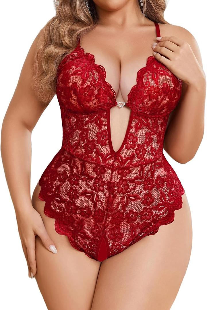 Avidlove Women Plus Size Lingerie Lace Teddy Deep V Lingerie Bodysuit One Piece Babydoll 14-22 Plus (5X-Large, Red)