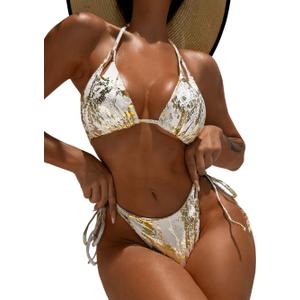 Snakeskin Metallic Bikini,String Halter Triangle Bikinis Set,Sexy Strappy Cheeky Swimsuits for Women Tanning Pool (Small, White & Gold)
