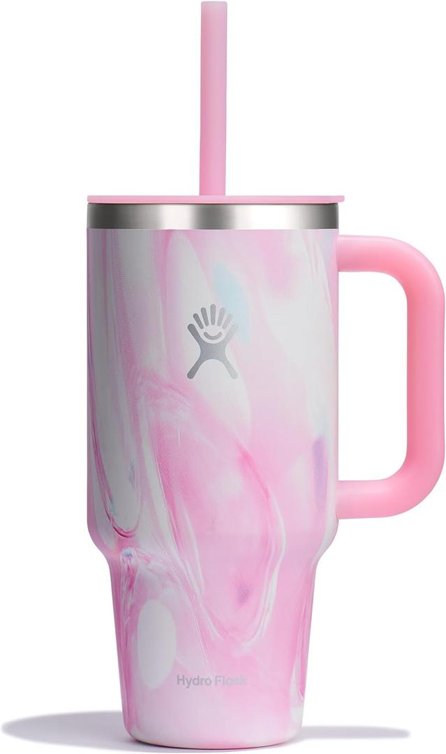 Hydro Flask Travel Tumbler with Handle, Lid and Straw - Insulated Stainless Steel in 32 Oz Jelly Pink