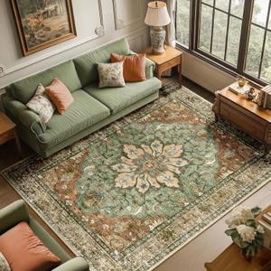 Area Rugs 6'x9' Washable Non-Slip, Floral Vintage Distress Print Pattern Medallion Carpet for Living Room Bedroom Dining Room, Brick Red Rust Neutral Brown Burnt Orange Green