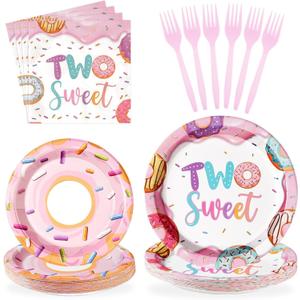 96 Pcs Two Sweet Donut Birthday Party Supplies Two Sweet Party Decorations Donut Plates Napkins Forks Girls Donuts Tableware Set for Baby Girl 2nd Birthday Decorations Baby Shower Serves 24