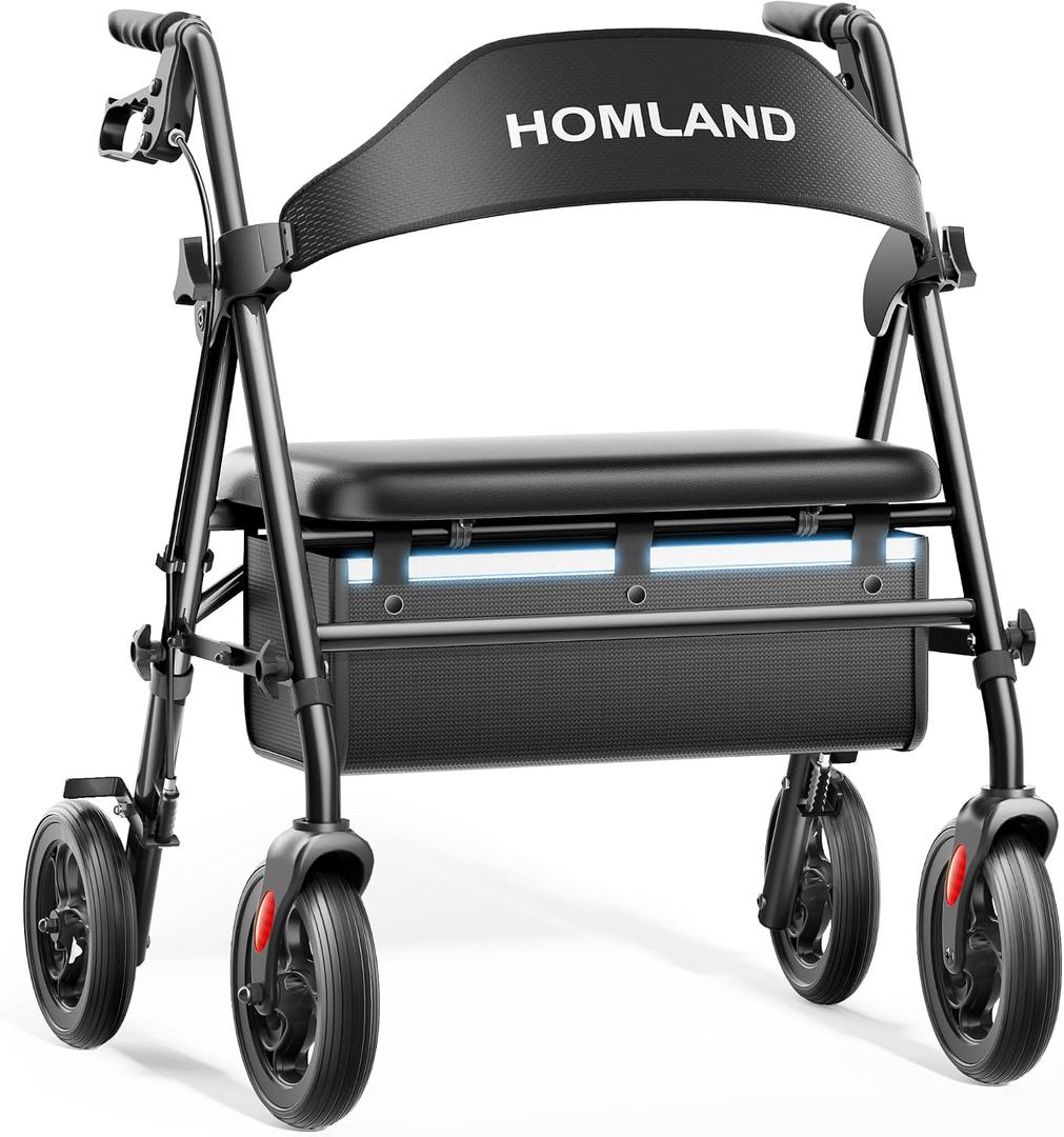 HOMLAND Bariatric Walkers for Seniors, 500lb Heavy Duty Rollator Walker with Extra Wide Padded Seat, 8” All Terrain Foldable Rolling Walker with Dual-Height Adjustable, Black