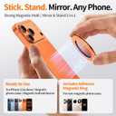 Magnetic Phone Case Stand with Mirror for MagSafe Universal Metal Adjustable Kickstand for iPhone 17/16/15/14 Pro Max Slim Phone Mirror for All Smartphone Used for Women Outdoor Makeup Orange