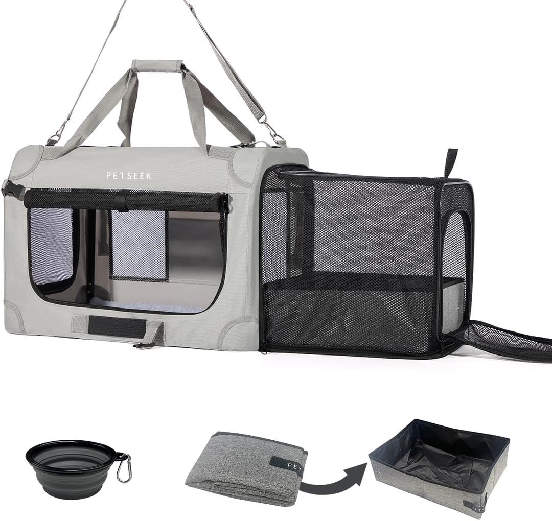 Extra Large Expandable Cat Carrier Soft Sided for Car, Portable Small Dog Carrier for 2 Cats, 24"x16.5"x16" Road Travel Folding Comfortable Design with Litter Box and Bowl
