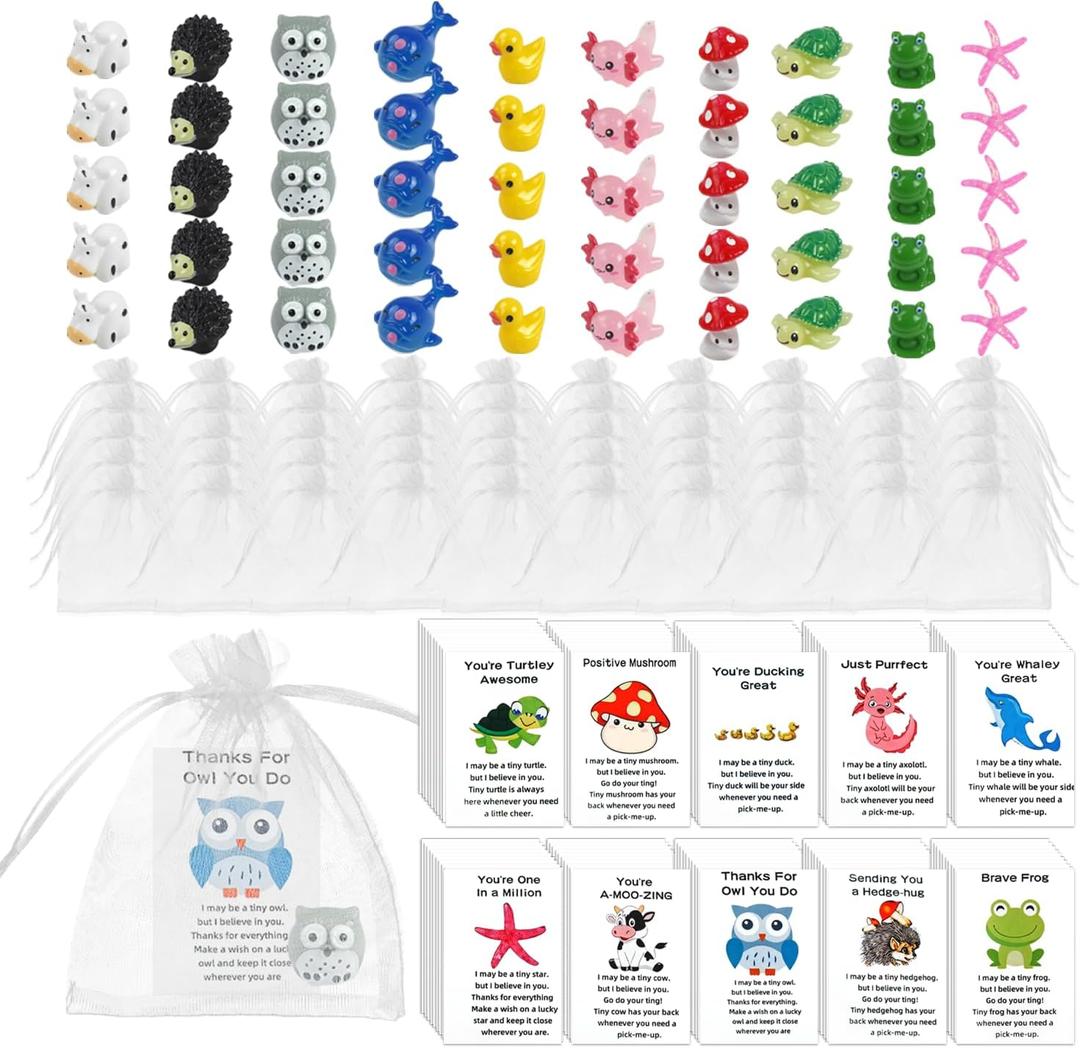 50 Sets Employee Appreciation Gifts Bulk, Animal Pun Note Cards Inspirational Pocket Favors Staff Appreciation Gifts, Resin Animals Thank You Gift Bulk for Coworkers, 50 PCS