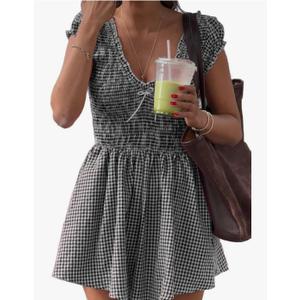 Womens Summer Gingham Rompers V Neck Puff Sleeve Smocked Wide Leg Plaid Shorts Dressy Jumpsuits, Size Medium
