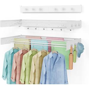 Drying Rack Clothing,Clothes Drying Rack Wall Mounted,Laundry Drying Rack Wall Mount,Foldable,Collapsible,60 lb Capacity 5 Aluminium Poles with 12 Hooks,Space Saving Clothes Drying Rack,White 40"