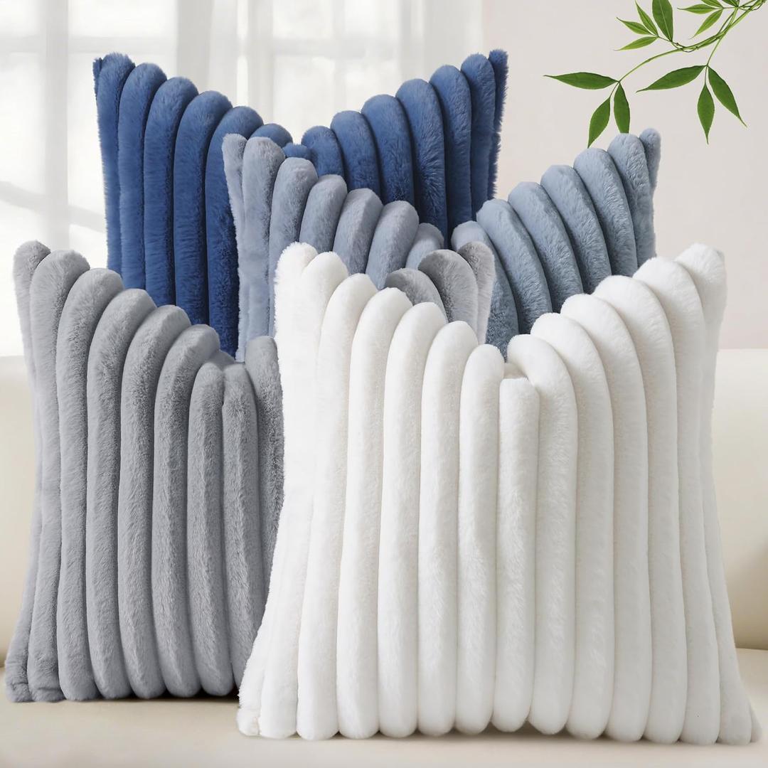 decorUhome Set of 4 Faux Fur Throw Pillow Covers 18x18 Inch Decorative Farmhouse Modern Soft Plush Striped Couch Pillow Covers with Velvet Back for Sofa, Bed, Living Room, Blue/Grey