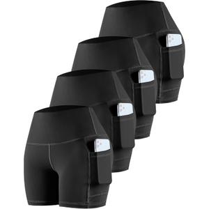 CHRLEISURE Womens Biker Yoga Shorts with Pockets: High Waisted Tummy Control Spandex Workout Athletic Gym Shorts 4 Packs, Fit Type: 5”, XL