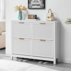 VIPLUMI 4 Flip Drawers Shoe Cabinet Storage for Entryway, Narrow Hidden Wood Shoes Organizer Cabinet Front Door Entrance Thin Free Standing Front Door Shoe Rack Storage for Entryway(White) (Large)
