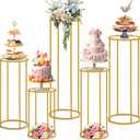 Hicarer 5 Pcs Cylinder Pedestal Stands for Party Gold Metal Tall Cylinder Stands Cake Tables Round Vases Display Columns for Weddings Party Birthday Backdrop Decorations, Acrylic Top Plate