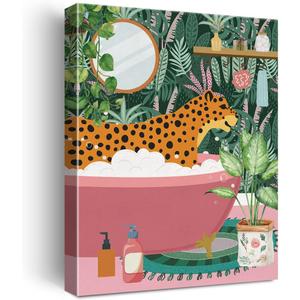 NISTOMISU Leopard in Bathtub Bathroom Canvas Prints Wall Decor Tropical Botanical Leopard Canvas Art Sign Canvas Poster Gifts for Home Toilet Bathroom Restroom Decor 11.5"x15"