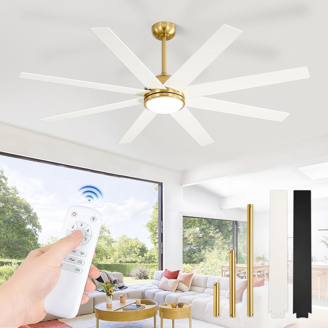 Fanbulous 65 Inch Ceiling Fans with Lights and Remote, Gold Indoor/Outdoor Ceiling Fan with Quiet Reversible DC Motor, 6 Speeds, 3CCT, 8 Blades Large Ceiling Fan for Living Room Bedroom Patio