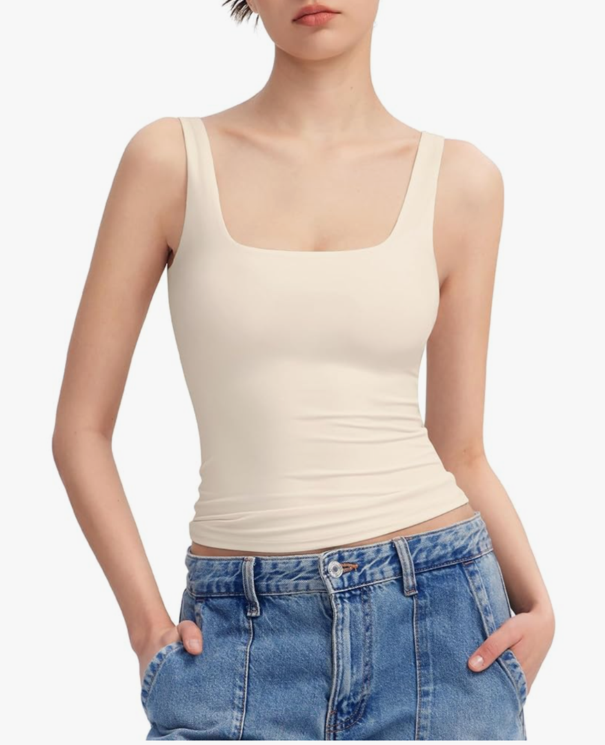 PUMIEY Women's Square Neck Tank Top Sleeveless Double Lined Basic Tops Sharp Collection (Size S)