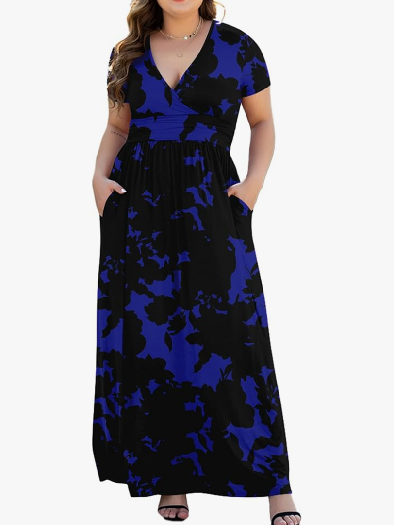 COSSEN Womens Plus Size Maxi Dresses for Curvy Women 2025 Casual Ladies V Neck Flowy Swing Long Dress with Pockets 3XL