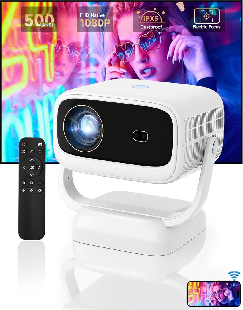 500ANSI & DustproofProjector with WiFi 6 and Bluetooth, Native 1080P Smart Portable Movie Projector for Outdoor Use, Mini Room Projector 4K Support, Video Projector Compatible with Phone PC TV Stick
