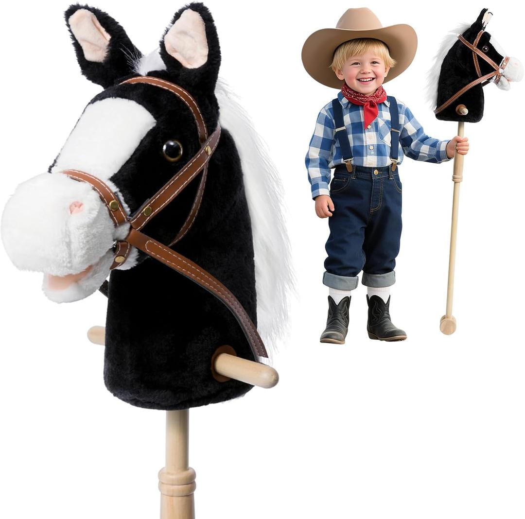 HollyHOME Stick Horse Plush Handcrafted Hobby Horse on a Stick with Wood Wheels Real Pony Neighing and Galloping Sounds for Kids Toddlers Black 36 Inches(AA Batteries Required)
