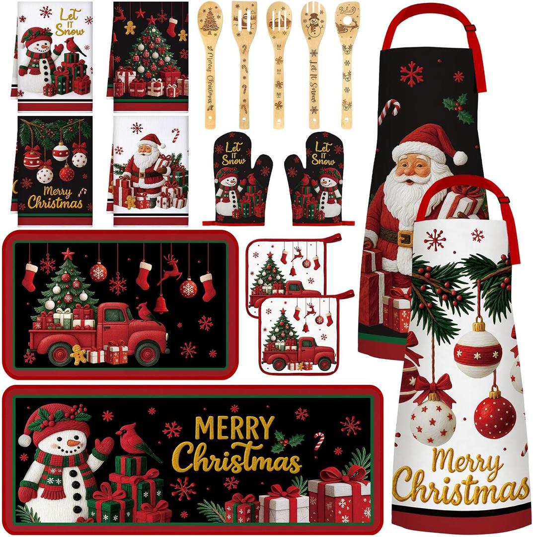 Bencailor 17 Pcs Christmas Kitchen Sets Snowman Kitchen Rug and Mat Xmas Mitts and Pot Holders Santa Apron Jingle Bells Dish Towels Wooden Spoons for Christmas Holiday Decoration Housewarming Gifts