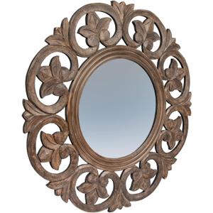 Creative Co-Op Round Carved Wood Botanical Framed Wall Mirror, Walnut Brown