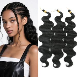 24 Inch Body Wave Braiding Hair 3 Pack Pre-Feathered Braiding Hair Black Boho Box Braids for Goddess Box Braids Hair Crochet Hair Synthetic Hair Extension (1B, 24inch (3pcs))