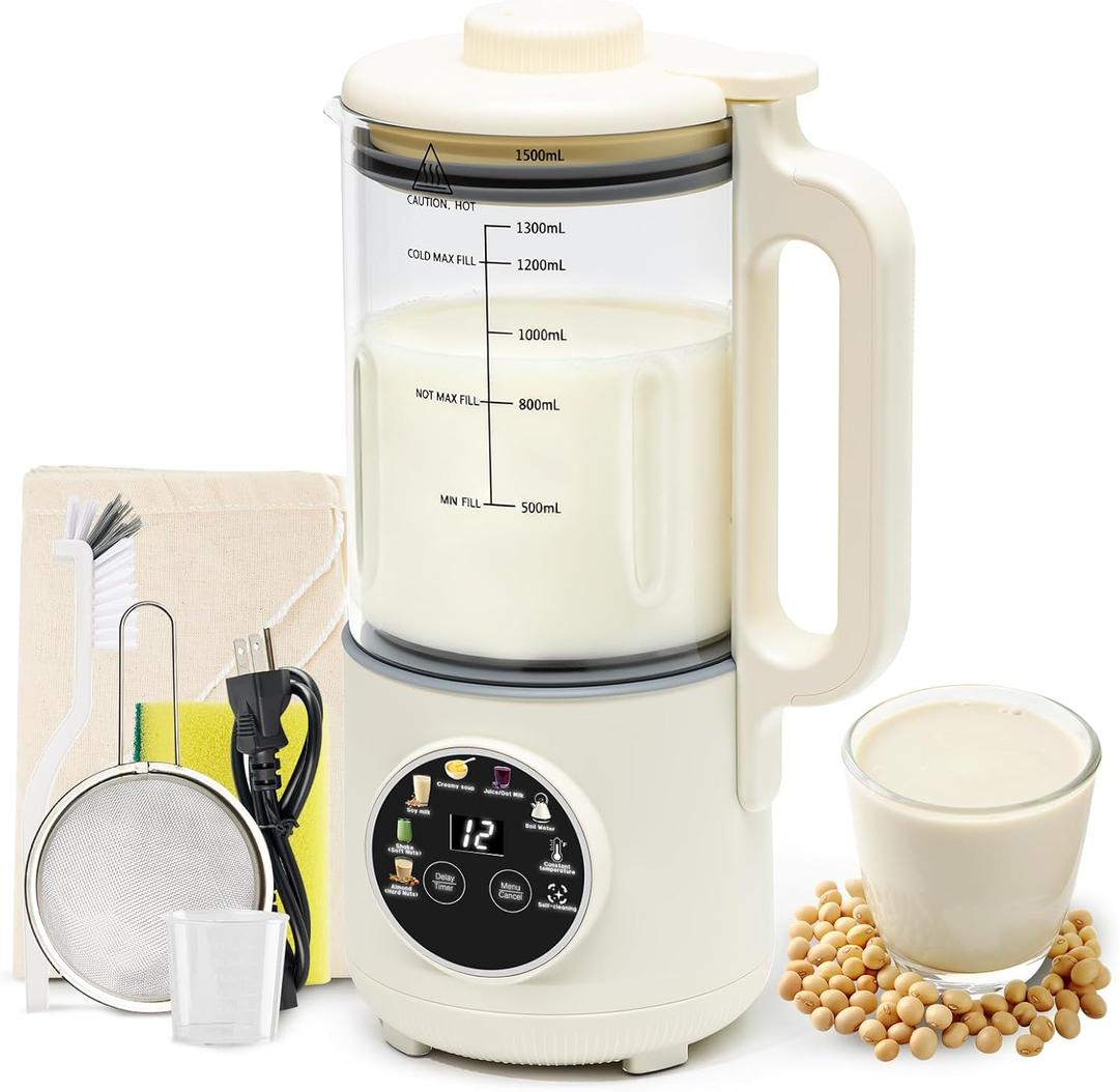 8-in-1 Nut Milk Maker Machine, 50oz Glass Soy Almond Oat Milk Maker with 20 Blades, Delay Timer, Constant Temperature, Self-Cleaning, Overheat Protection, Recipe Included