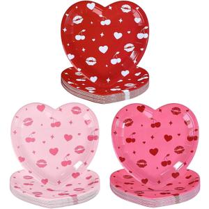 60 PCS Cherry Heart Paper Plates 9" Red Pink Heart Shaped Plates Disposable Cherry Valentines Parties Decorations for Birthday Wedding Bridal Shower Anniversary Galentines Holiday Party Supplies