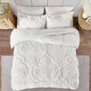 Madison Park Tufted Chenille 100% Cotton Duvet Modern Luxe All Season Comforter Cover Bed Set with Matching Shams, Full/Queen(90"x90"), Damask Off White 3 piece